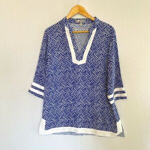 TINA STEPHENS Women's Medium Blue & White 3/4 Sleeve Tunic Cover Up